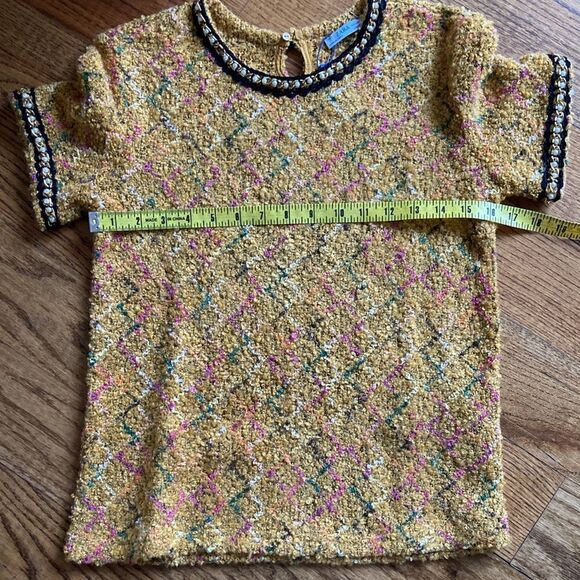 Zara Mustard Yellow Plaid Tweed Wool Blend Embellished Short Sleeve Top Sz 4 NWT - Picture 12 of 14